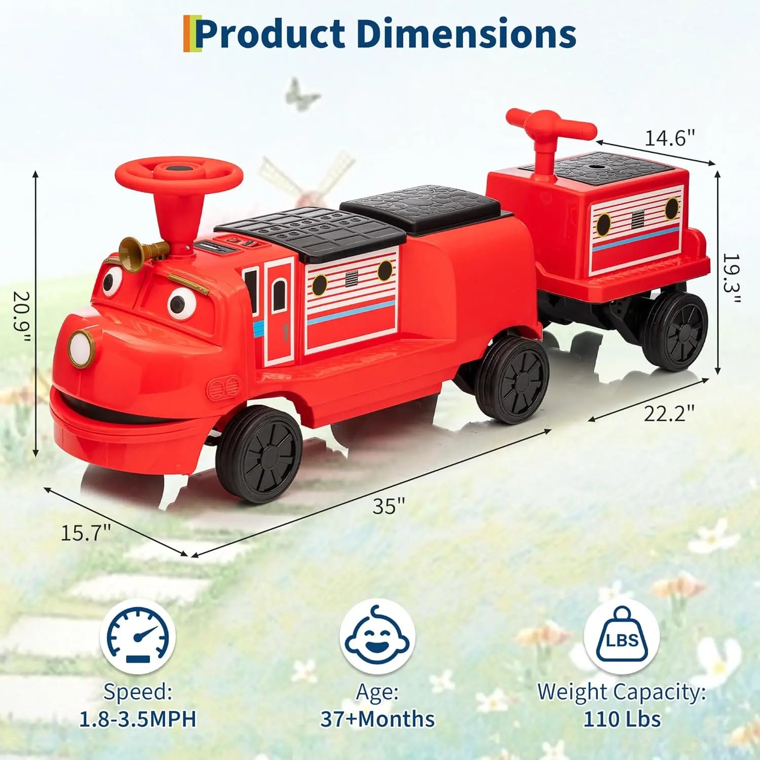 2 Seater Ride On Trackless Train - 12V Battery Operated Kids Ride On Toy with Height Adjustable Seat, Storage Space and add-on Carriage.