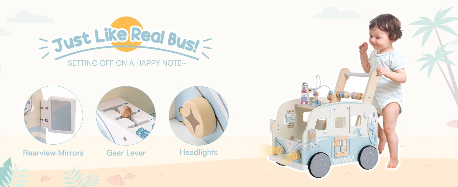 Wooden Montessori Baby Multifunctional Push Along Activity Walker with Wheels for Toddlers.