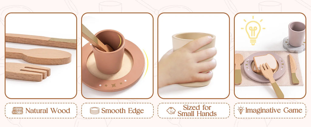 Wooden Montessori Pretend Play Kitchen Dishes - 29PCS Set of Plates and Dishes