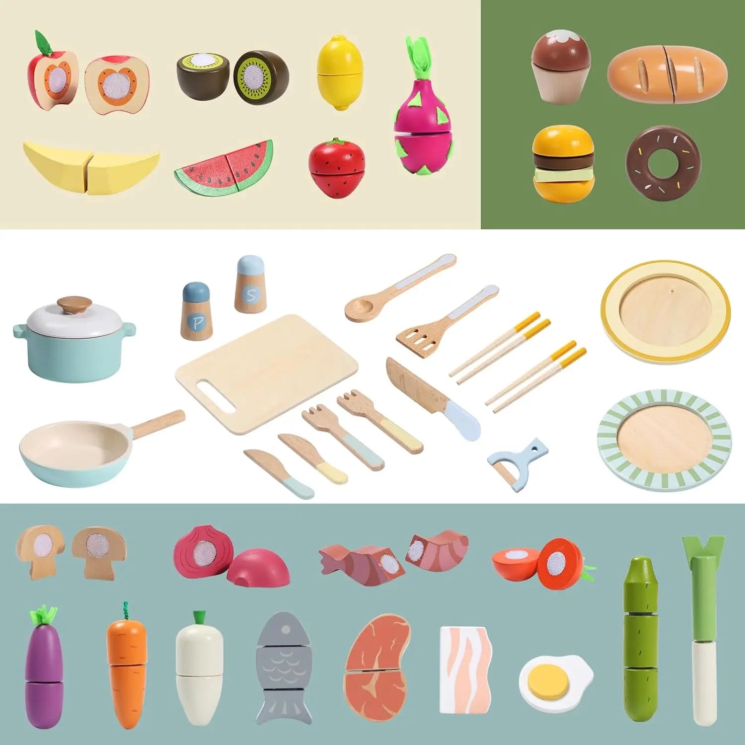 Wooden Montessori Pretend Play Toy Food Set for Kitchen - 78pcs Vegetables, Fruits, Cutting Toys, Play Dishes