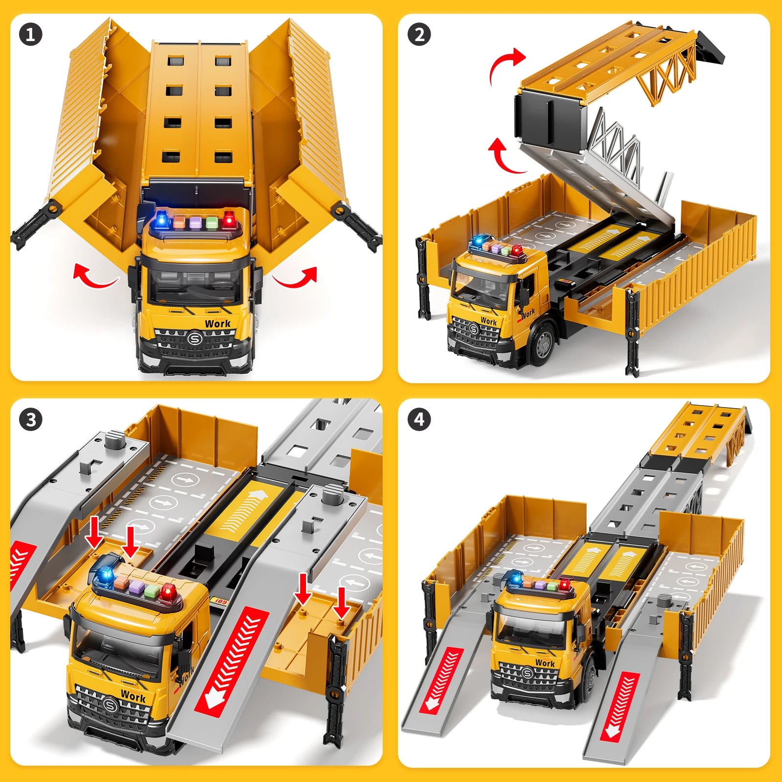 Carrier Construction Truck Toy Set - With Tower Crane, Lights, Sound and 4 Construction Vehicles for Boys