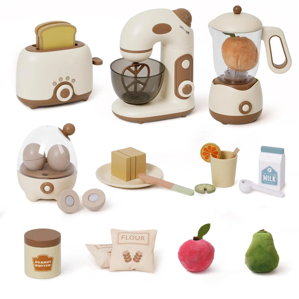 Wooden Kitchen Appliances Playset - 4 x Pieces - Pop-Up Toaster, Mixer, Blender with Realistic Sounds, Egg Steamer and 30 x Play Kitchen Food Accessories for Kids.