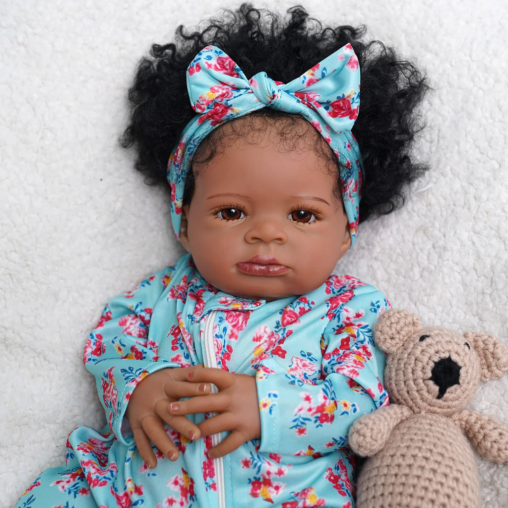 20 Inch Reborn Baby Girl Doll - Black African American Cute Doll - Soft Touch Cloth Body with Accessories.