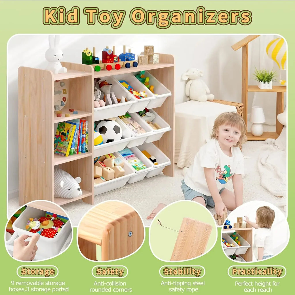 Wooden 4-Tier Kids Toy Storage Organizer Shelf - with 9 Plastic Bins and 3 Shelves.