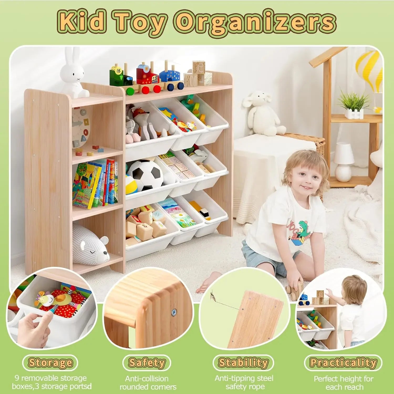 Wooden 4-Tier Kids Toy Storage Organizer Shelf - with 9 Plastic Bins and 3 Shelves.