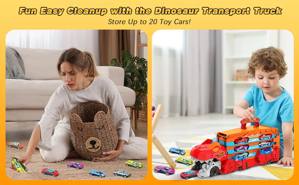 Dinosaur 3-In-1 Transport Truck Toy for Boys Age 3+ - 8 Race Cars Ejection Folding Portable ck Toy with Sound for Kids