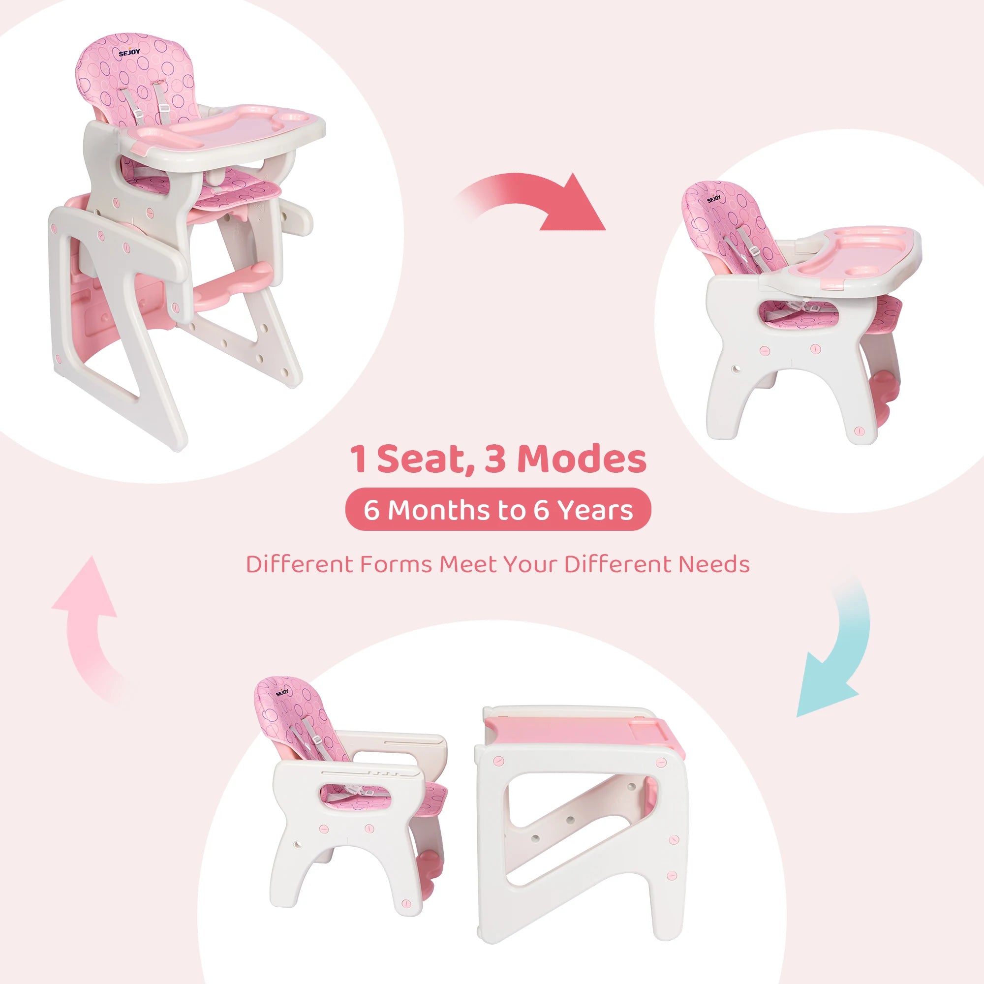 Baby High Chair - 3 in 1 Infant Table and Chair Set, Convertible Booster Seat with 3-Position Adjustable Feeding Tray, Adjustable Seat Back, 5-Point Harness - for 6 mnths to 3 yrs.