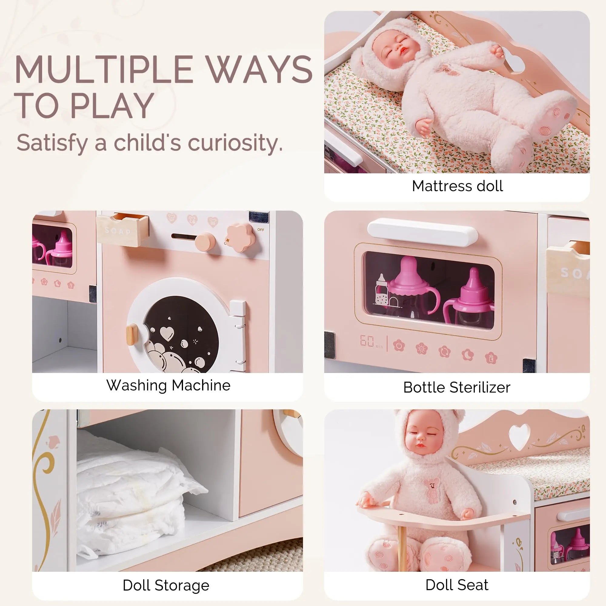 Wooden Pretend Play 2 in 1 Baby Doll Crib Changing Station with Seat and Accessories for Girls.