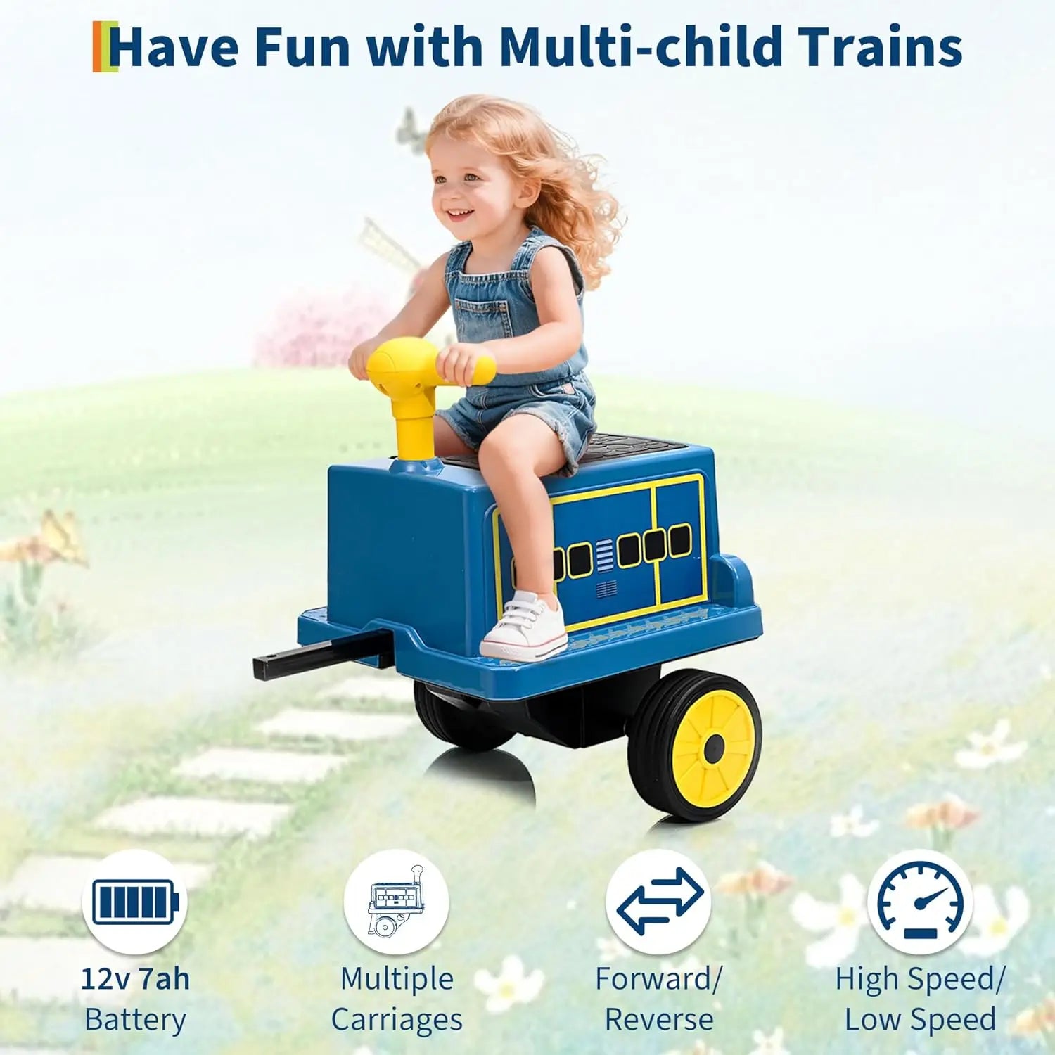 2 Seater Ride On Trackless Train - 12V Battery Operated Kids Ride On Toy with Height Adjustable Seat, Storage Space and add-on Carriage.