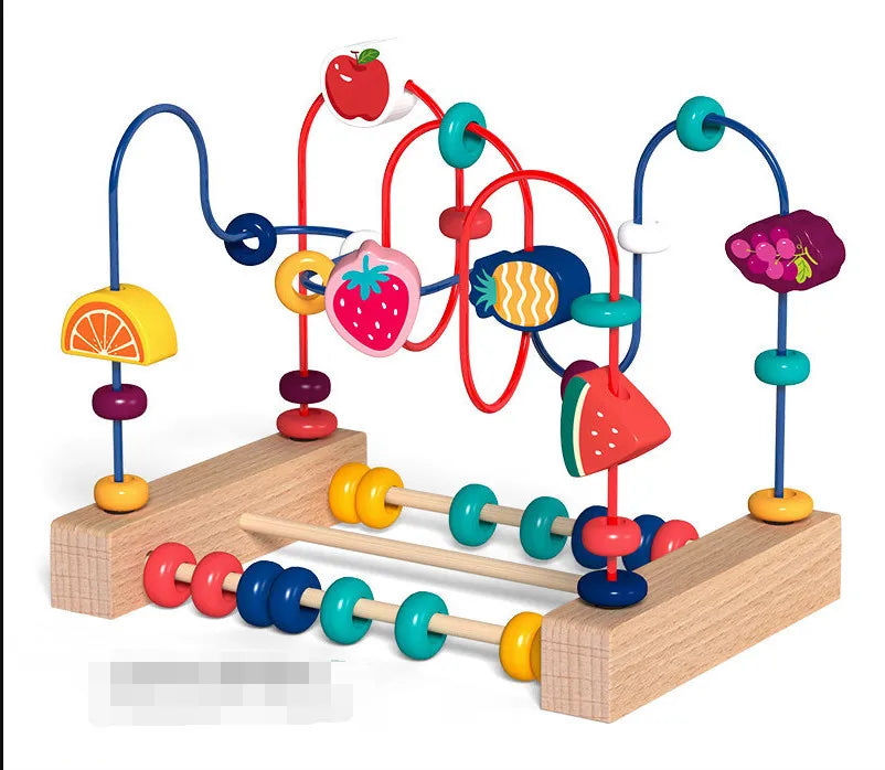 Montessori Wooden Circles Bead Wire Maze Roller Coaster with Colorful Animals, Fruits, Shapes - Educational Counting Toy.