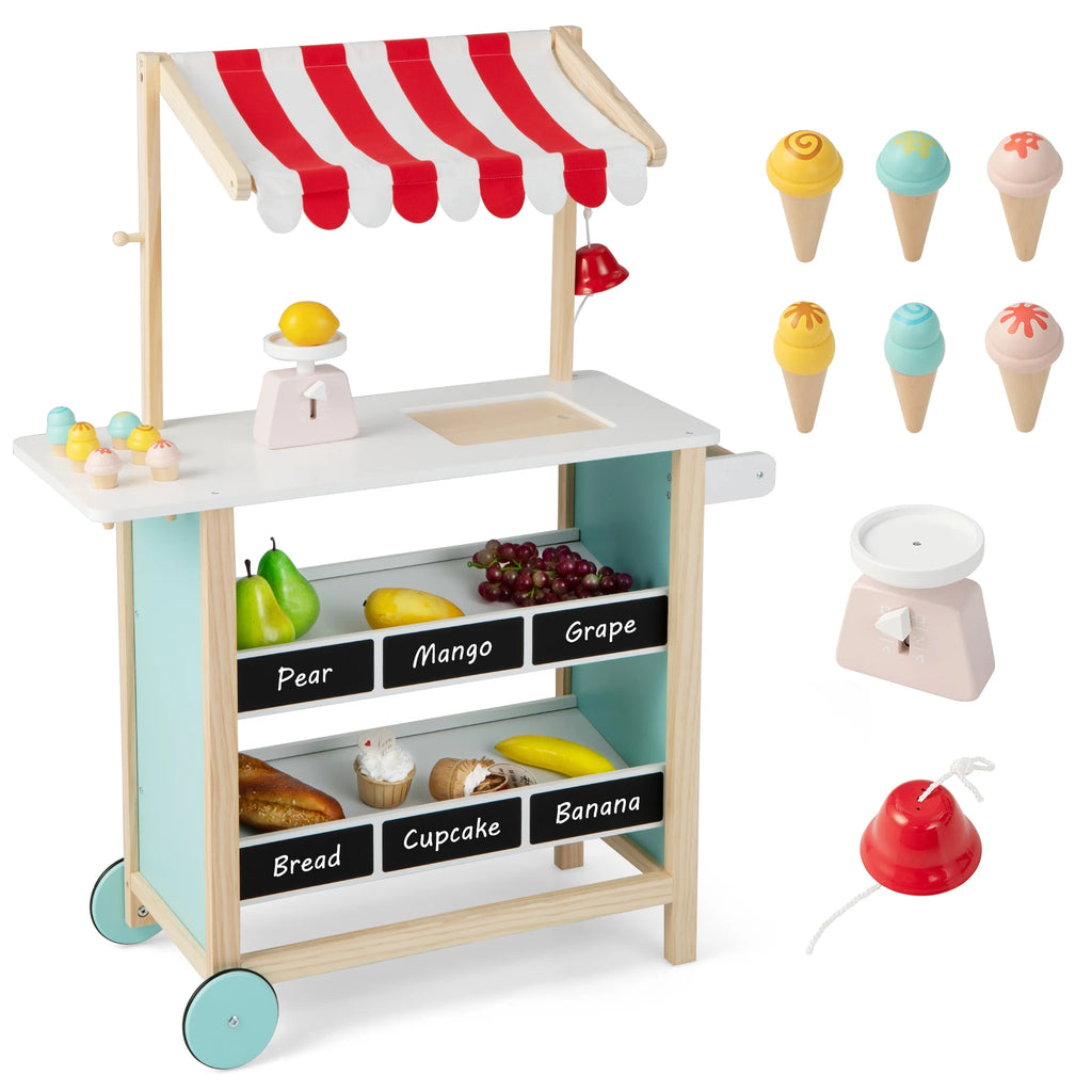 Wooden Montessori Kids Ice Cream Cart Toy Set with Ice Cream Making Counter, Scale, Bell, Display Shelves, Black Board and Canopy.