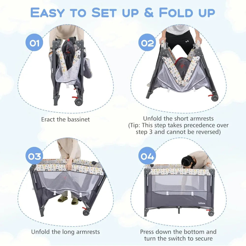5 in 1 Pack and Play Baby Bedside Sleeper Crib - Portable Baby Crib with Mattress, Bassinet, Diaper Changer, Storage Rack and Music Box Hanging Toy.