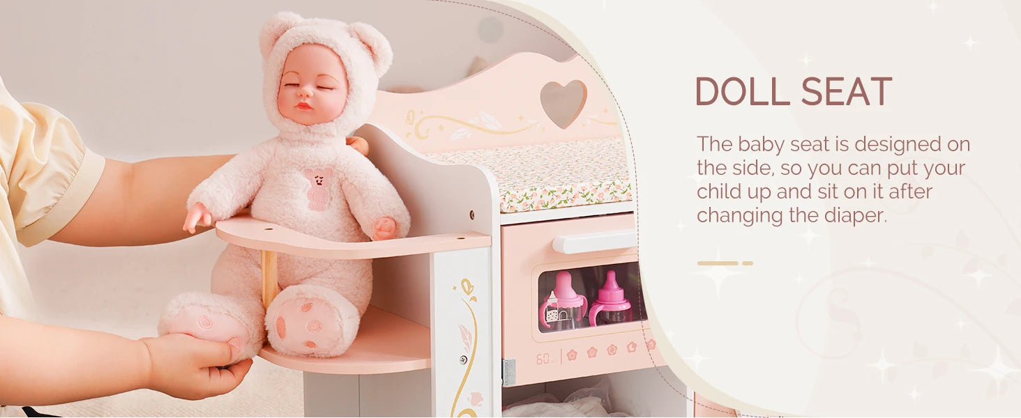 Wooden Pretend Play 2 in 1 Baby Doll Crib Changing Station with Seat and Accessories for Girls.