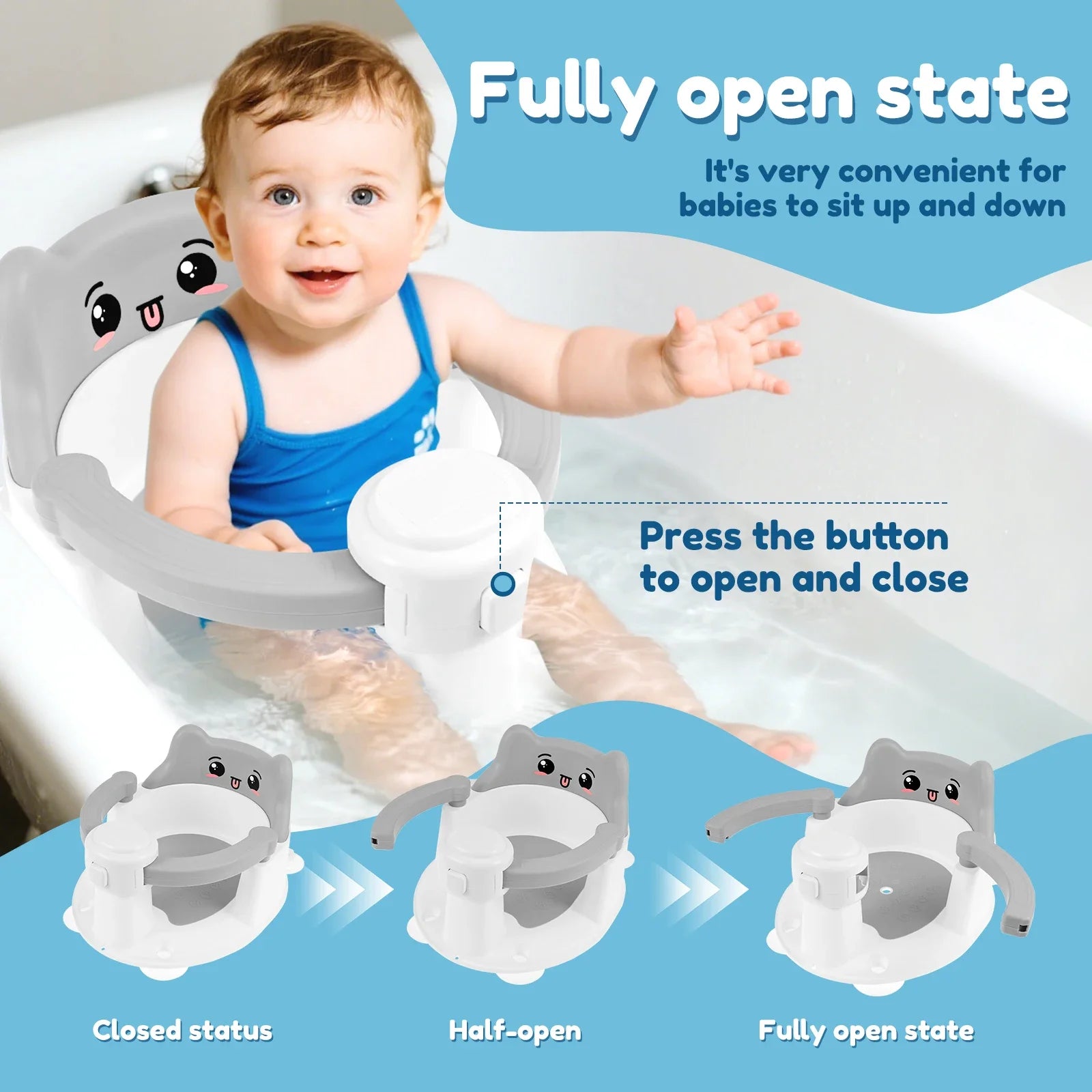 Baby Bath Seat - Bathtub Chair with 4 Non-slip Suction Cups and Drainage Hole.
