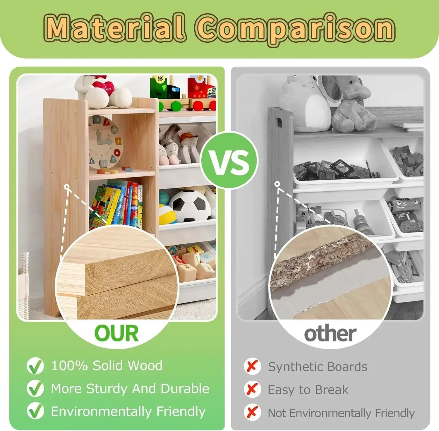 Wooden 4-Tier Kids Toy Storage Organizer Shelf - with 9 Plastic Bins and 3 Shelves.