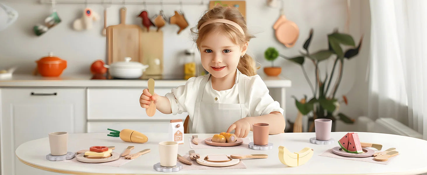 Wooden Montessori Pretend Play Kitchen Dishes - 29PCS Set of Plates and Dishes