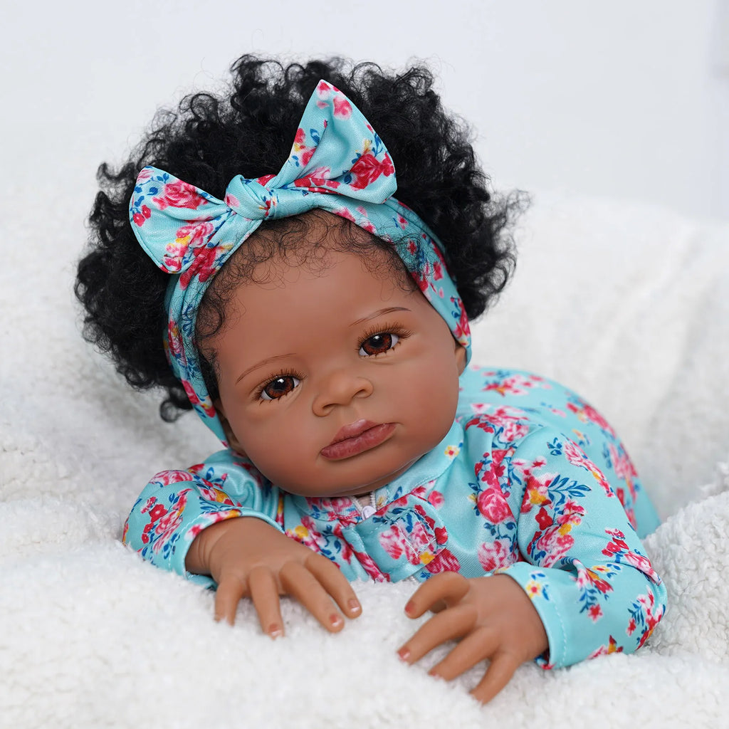 20 Inch Reborn Baby Girl Doll - Black African American Cute Doll - Soft Touch Cloth Body with Accessories.