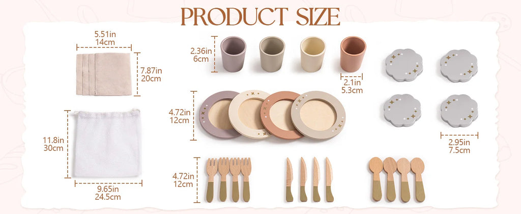 Wooden Montessori Pretend Play Kitchen Dishes - 29PCS Set of Plates and Dishes