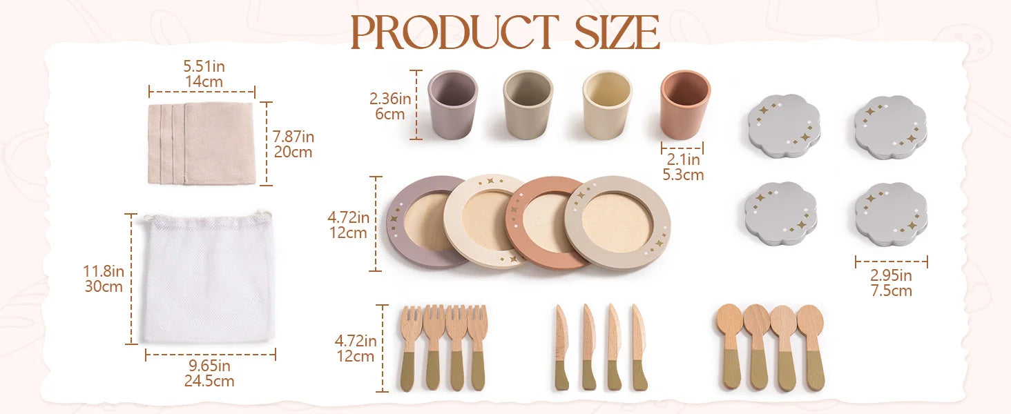 Wooden Montessori Pretend Play Kitchen Dishes - 29PCS Set of Plates and Dishes