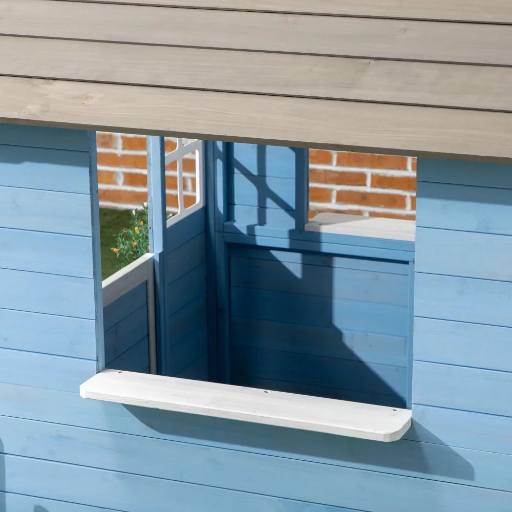 Wooden Outdoor Playhouse for Kids - Country Style Playhouse with Flower Pot Holders, Working Door, Windows