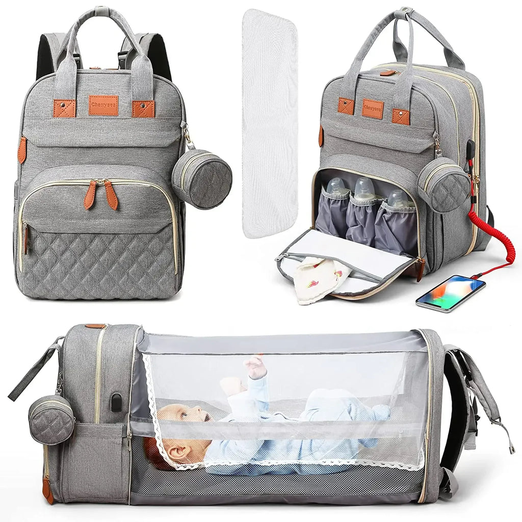 Diaper Bag with Changing Station - Large Waterproof 3 in 1 Baby Diaper Backpack with Foldable Changing Pad with USB Charger.