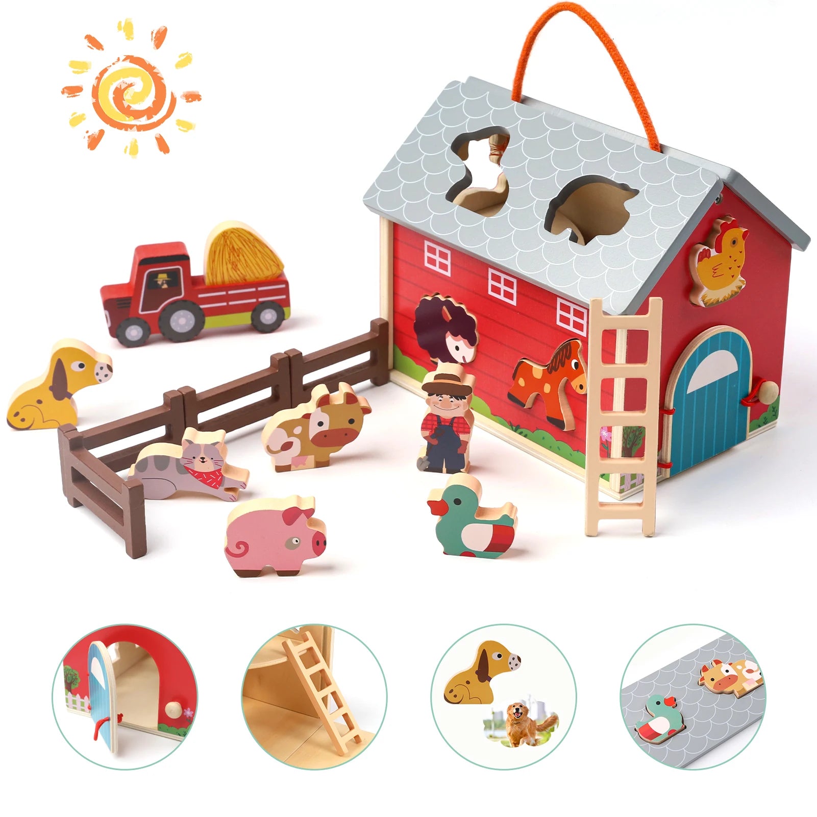 Wooden Educational Montessori Farm Playset 17 piece with Farm Animals, Big Barn and Tractor