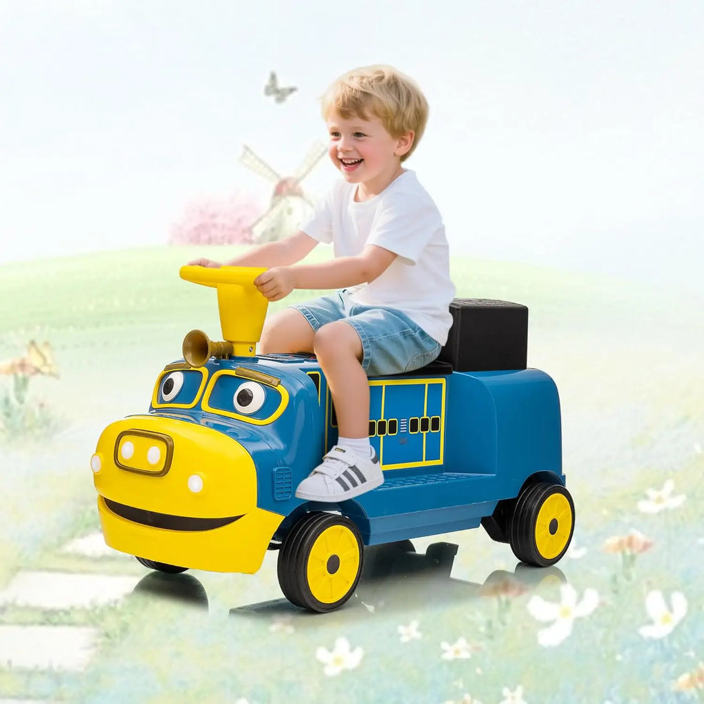 2 Seater Ride On Trackless Train - 12V Battery Operated Kids Ride On Toy with Height Adjustable Seat, Storage Space and add-on Carriage.