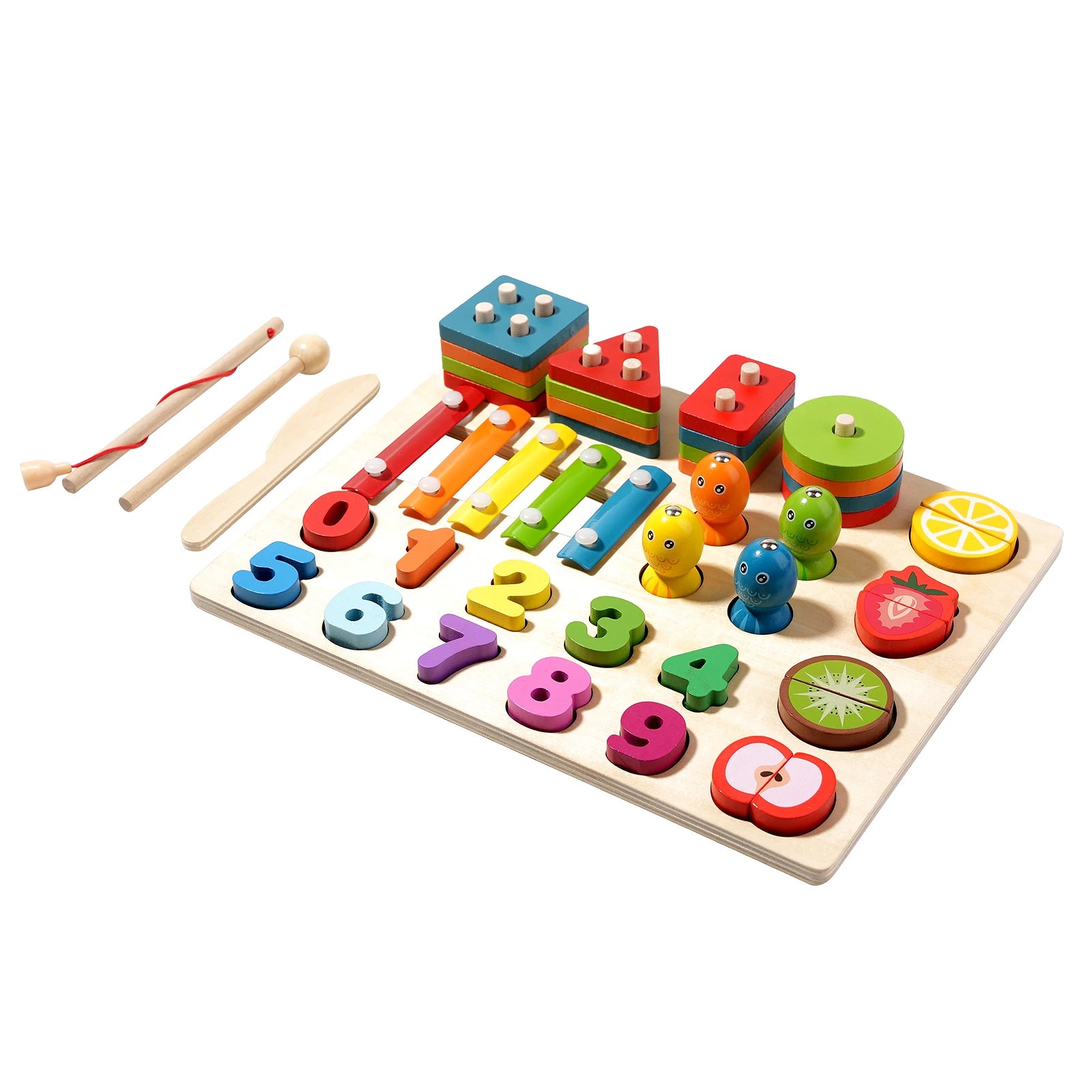 Wooden Montessori Educational Busy Board Toy - Count Shape Colors Match Fishing Puzzle.
