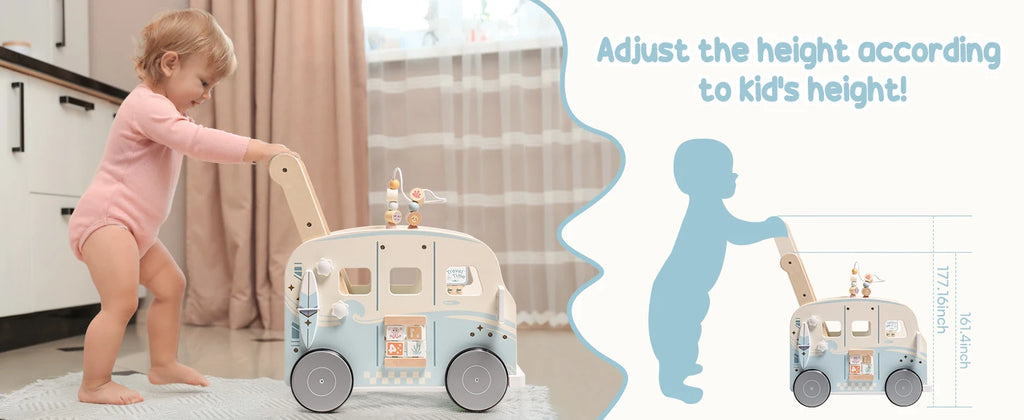 Wooden Montessori Baby Multifunctional Push Along Activity Walker with Wheels for Toddlers.