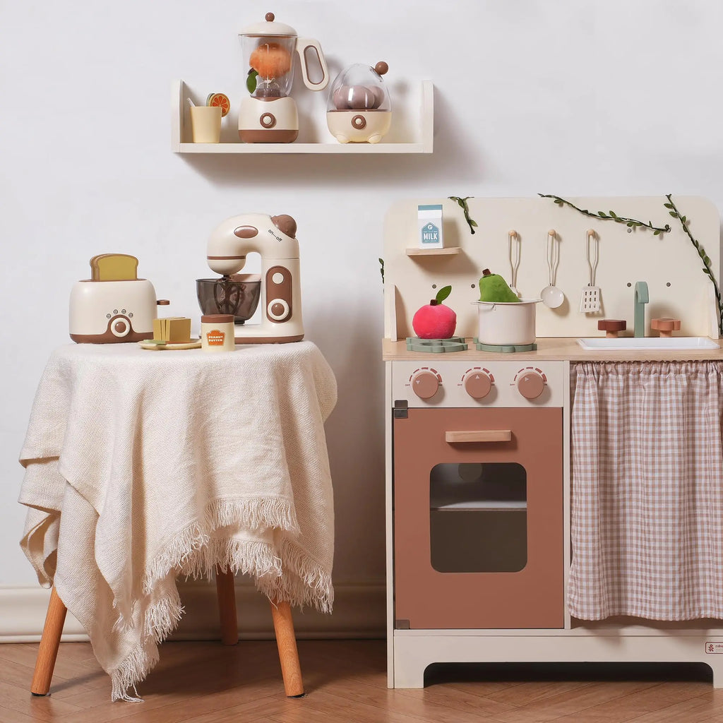 Wooden Kitchen Appliances Playset - 4 x Pieces - Pop-Up Toaster, Mixer, Blender with Realistic Sounds, Egg Steamer and 30 x Play Kitchen Food Accessories for Kids.