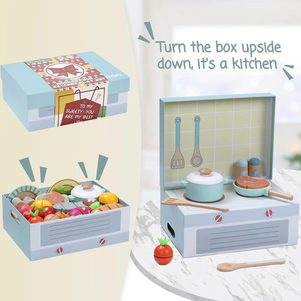 Wooden Montessori Pretend Play Toy Food Set for Kitchen - 78pcs Vegetables, Fruits, Cutting Toys, Play Dishes