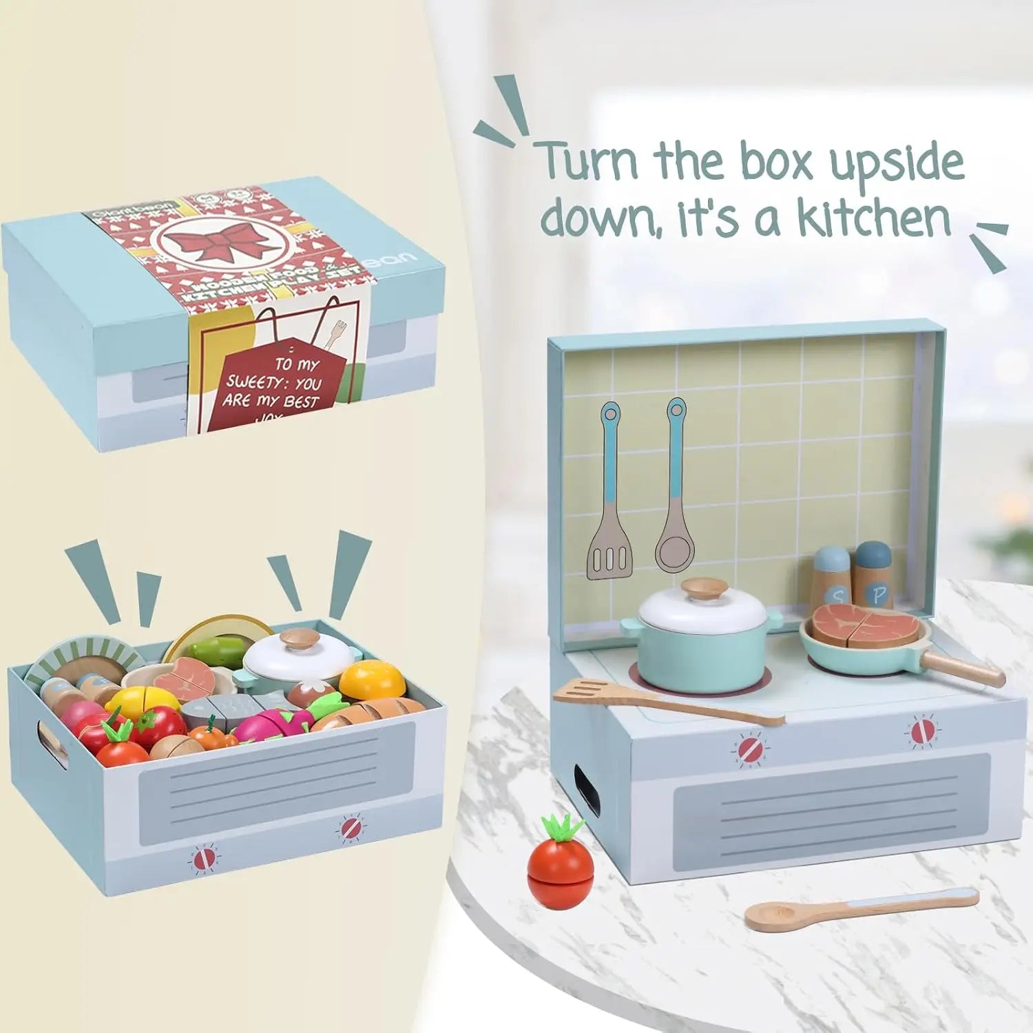 Wooden Montessori Pretend Play Toy Food Set for Kitchen - 78pcs Vegetables, Fruits, Cutting Toys, Play Dishes