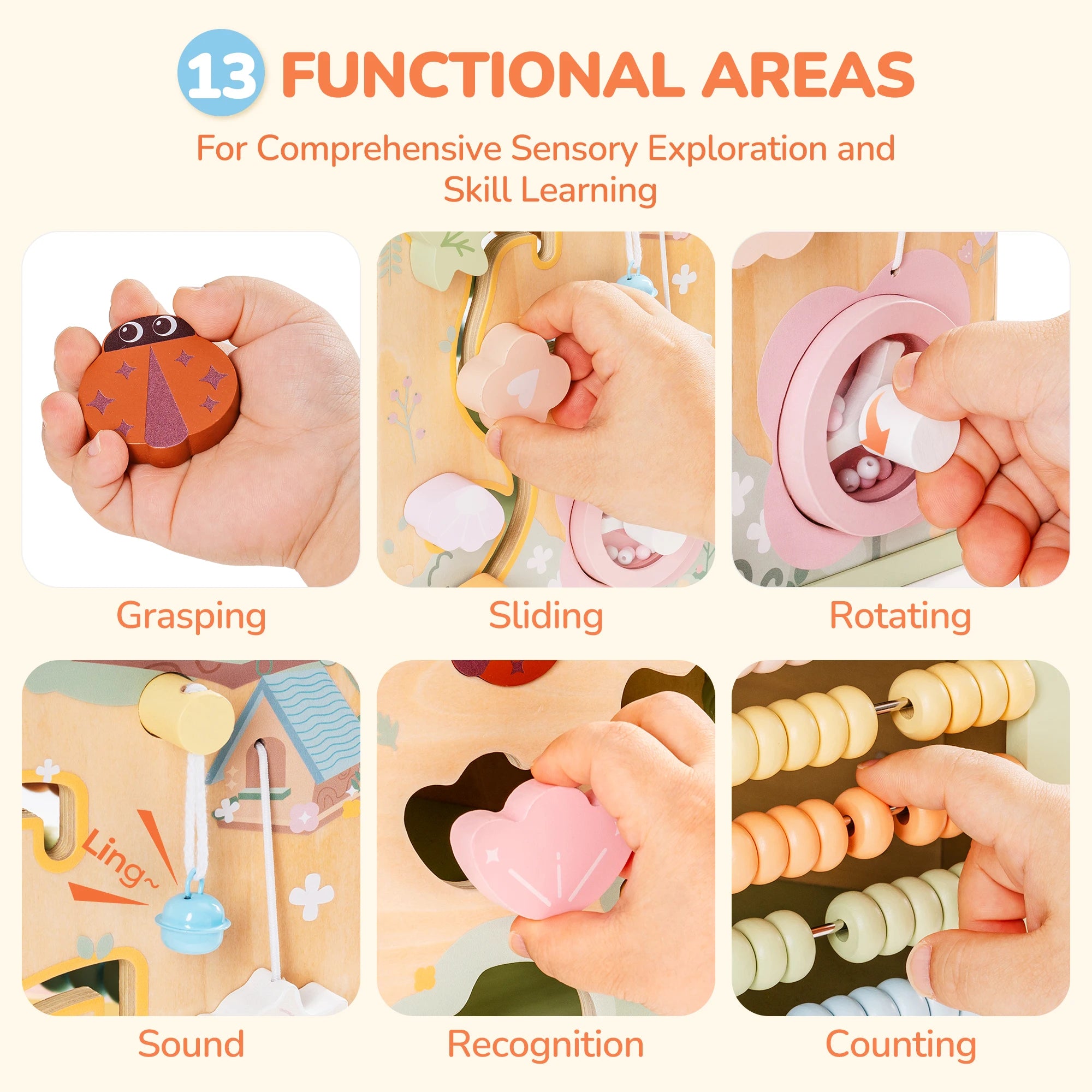 Wooden Educational 13 in 1 Montessori Baby Activity 6 x Sided Busy Cube Toy for Toddlers