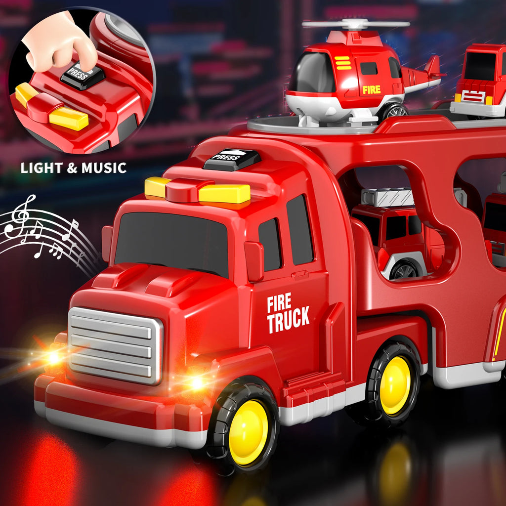 5 In 1 Fire Carrier Truck With Light And Sound Mini Helicopter and Crane Cars for Boys Age 1-5