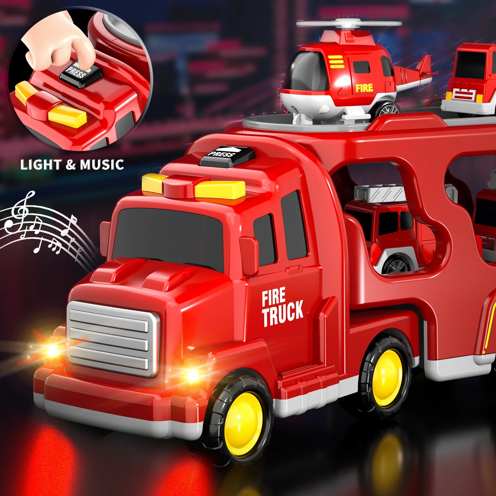 5 In 1 Fire Carrier Truck With Light And Sound Mini Helicopter and Crane Cars for Boys Age 1-5