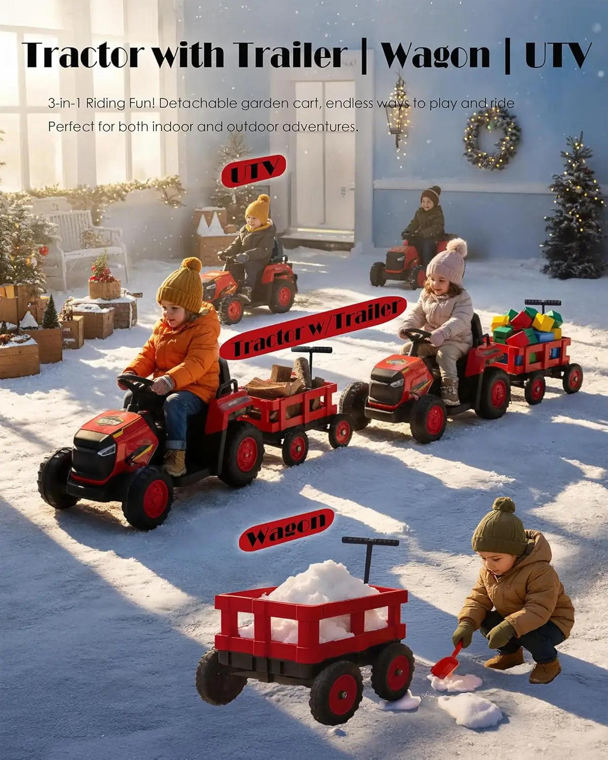 Ride on Tractor with Detachable Garden Cart - 12V Electric Kids’ Vehicle with Trailer for Kids