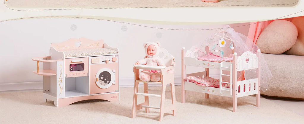 Wooden Pretend Play 2 in 1 Baby Doll Crib Changing Station with Seat and Accessories for Girls.