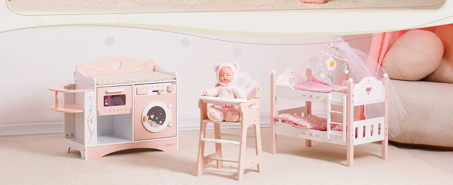 Wooden Pretend Play 2 in 1 Baby Doll Crib Changing Station with Seat and Accessories for Girls.