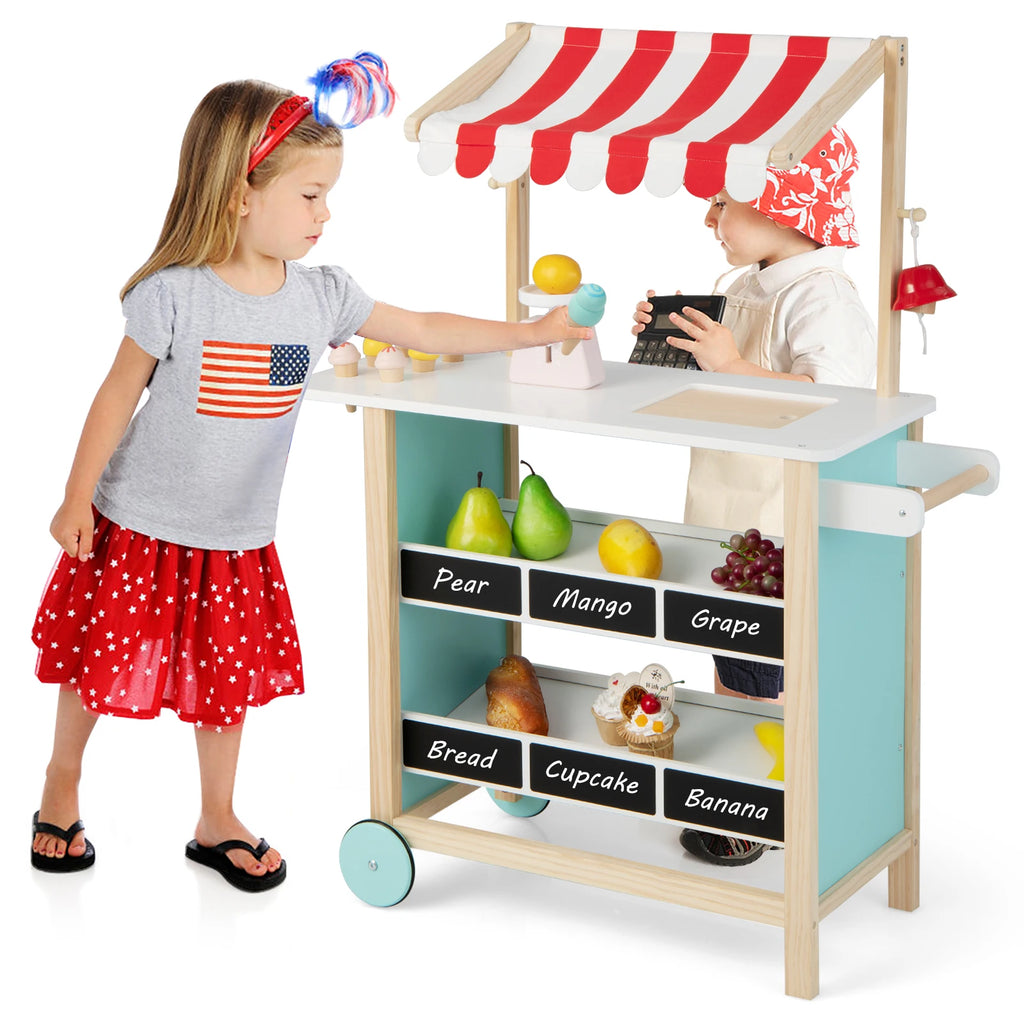 Wooden Montessori Kids Ice Cream Cart Toy Set with Ice Cream Making Counter, Scale, Bell, Display Shelves, Black Board and Canopy.