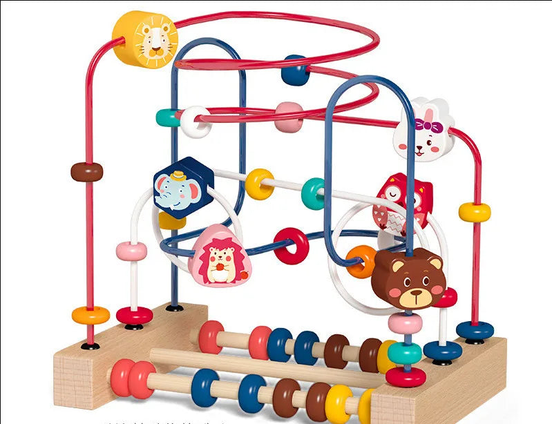 Montessori Wooden Circles Bead Wire Maze Roller Coaster with Colorful Animals, Fruits, Shapes - Educational Counting Toy.