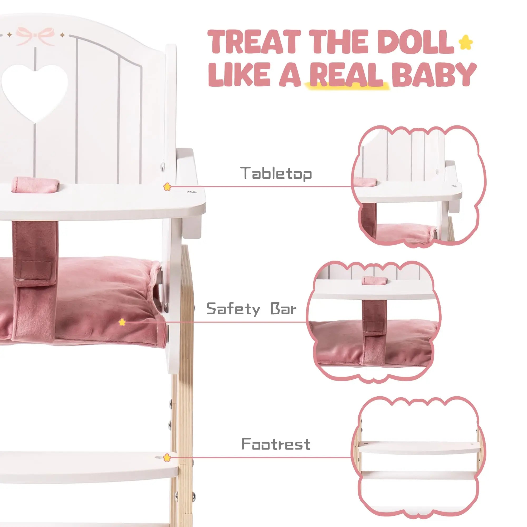 Wooden Pretend Play High Chair for 18-20" Dolls with Cushion and Movable Table for Girls.