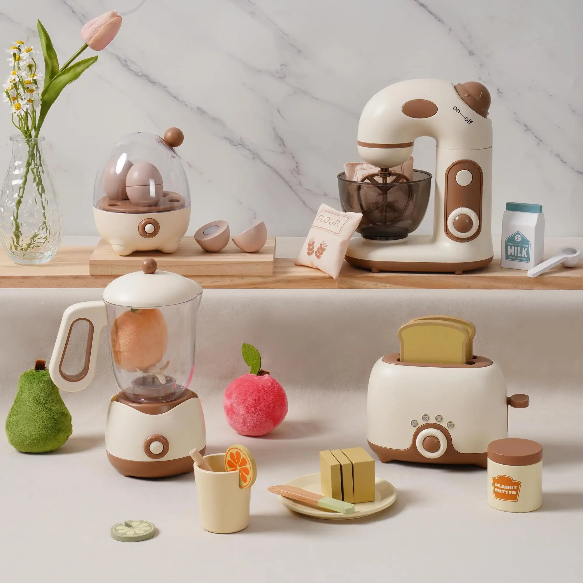 Wooden Kitchen Appliances Playset - 4 x Pieces - Pop-Up Toaster, Mixer, Blender with Realistic Sounds, Egg Steamer and 30 x Play Kitchen Food Accessories for Kids.