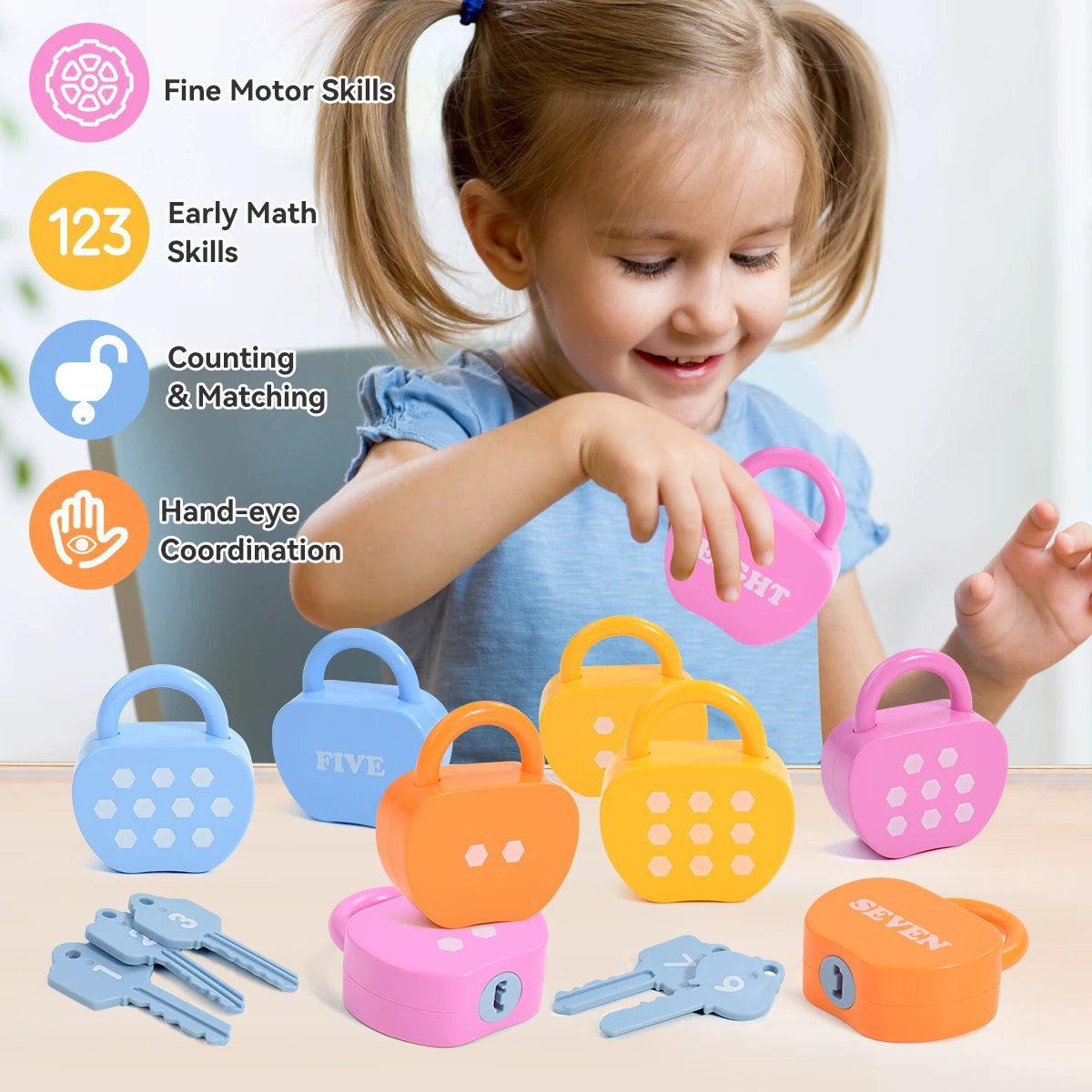 Montessori Educational Learning - Number Matching Counting Apple Locks and Keys with Cards - Toy for Kids 2-5yrs