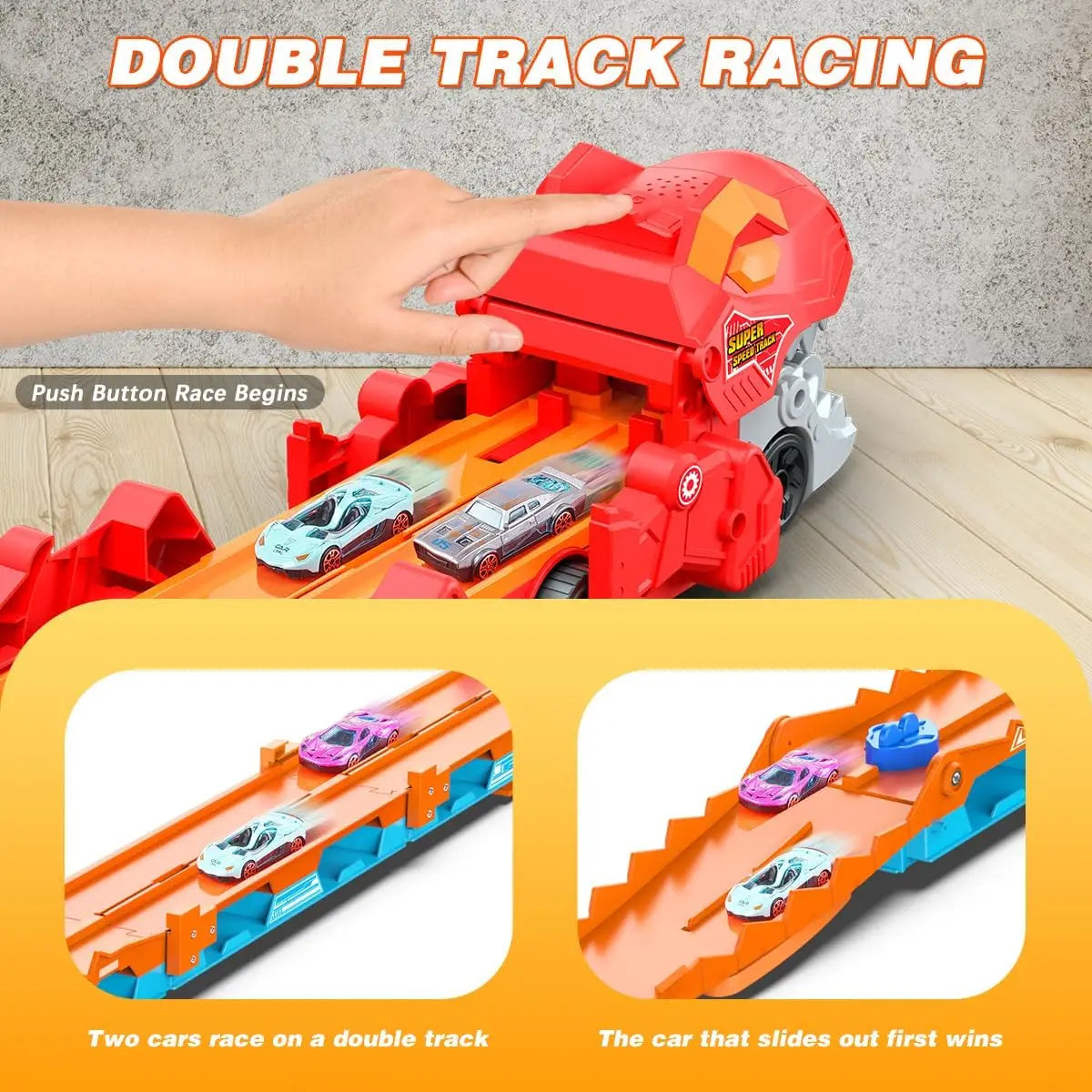Dinosaur 3-In-1 Transport Truck Toy for Boys Age 3+ - 8 Race Cars Ejection Folding Portable ck Toy with Sound for Kids