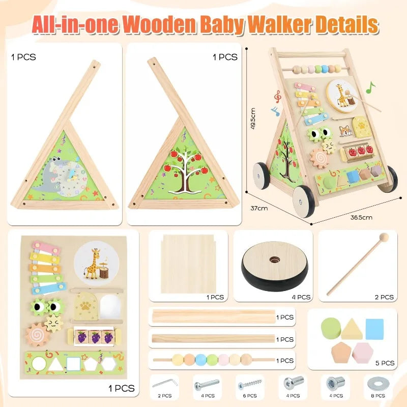 Wooden Baby Walker Push Toy with Wheels, Activity Center and Storage for 6-12 Months Learning to Walk.