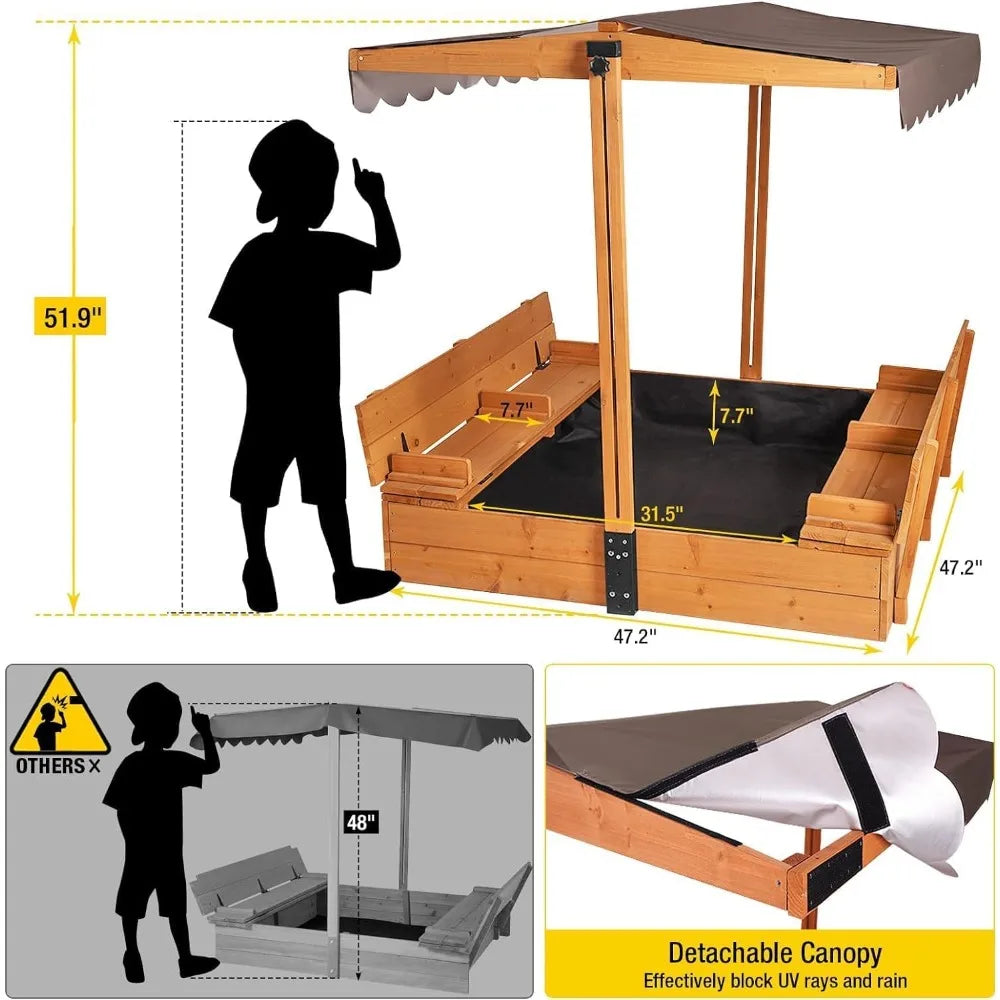 Wooden Outdoor Sandbox Playset with Adjustable Canopy and Foldable Bench Seats for Kids