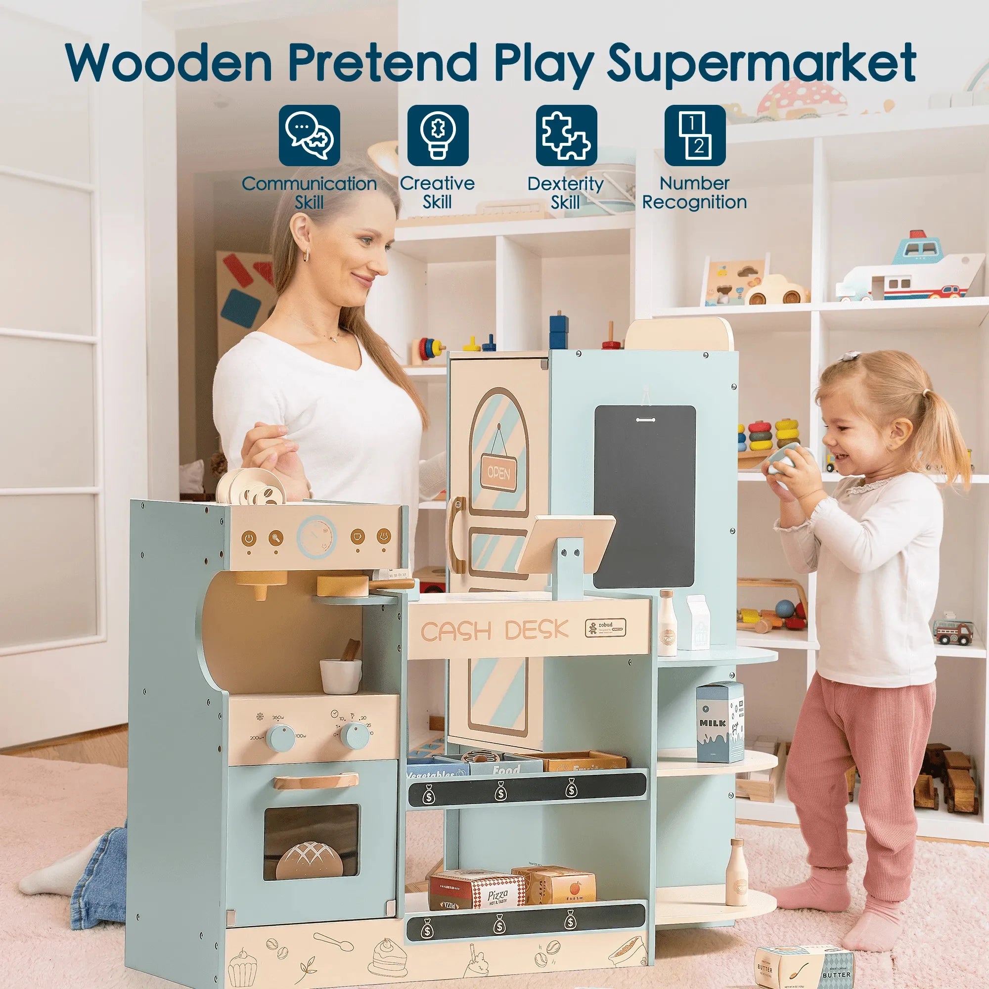 Wooden Montessori Educational Supermarket Pretend Playset with Cash Register, Vending and Coffee Machine and Accessories.