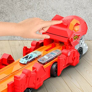 Dinosaur 3-In-1 Transport Truck Toy for Boys Age 3+ - 8 Race Cars Ejection Folding Portable ck Toy with Sound for Kids