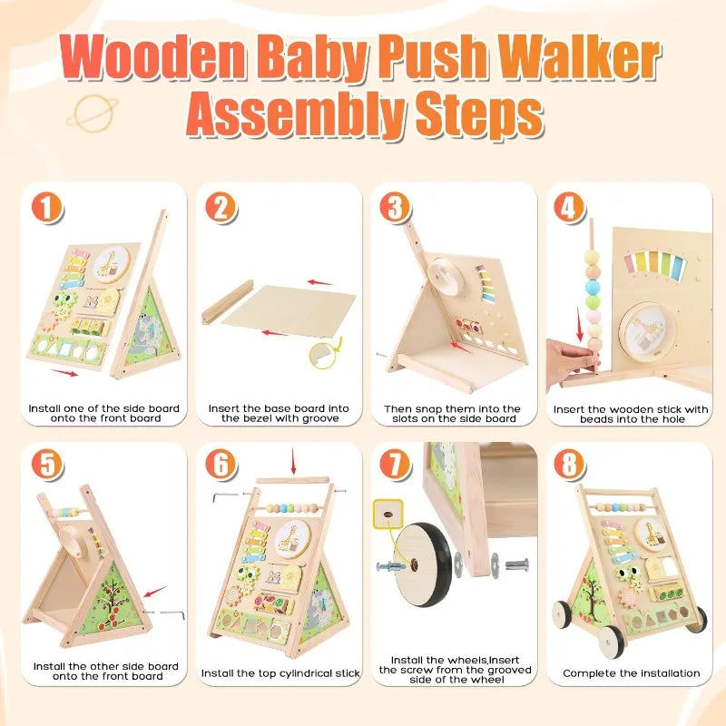 Wooden Baby Walker Push Toy with Wheels, Activity Center and Storage for 6-12 Months Learning to Walk.