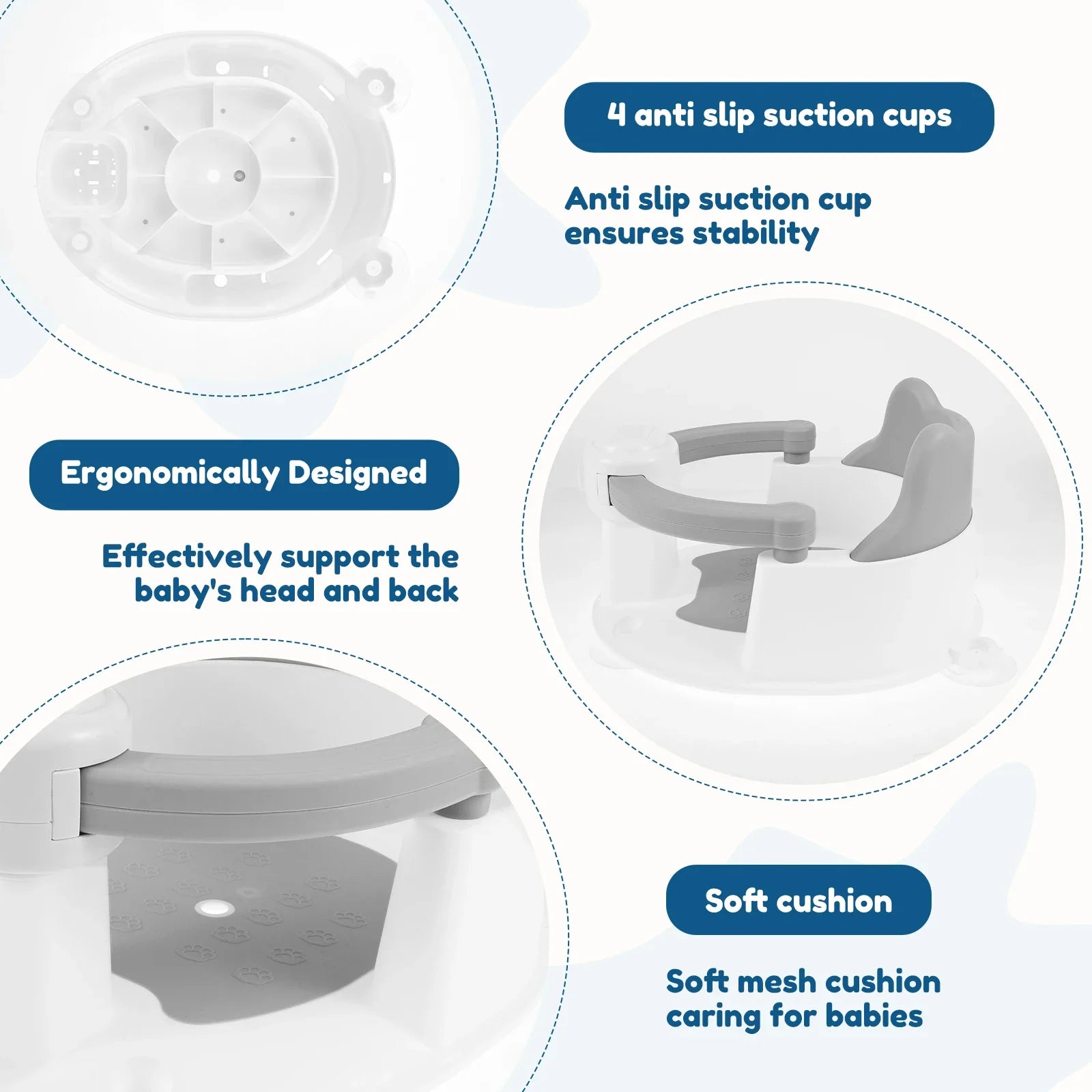 Baby Bath Seat - Bathtub Chair with 4 Non-slip Suction Cups and Drainage Hole.